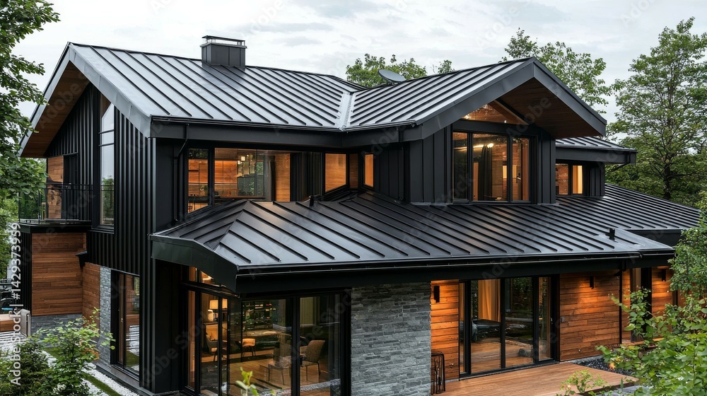Fototapeta premium Contemporary Home with Sleek Black Metal Roof Design