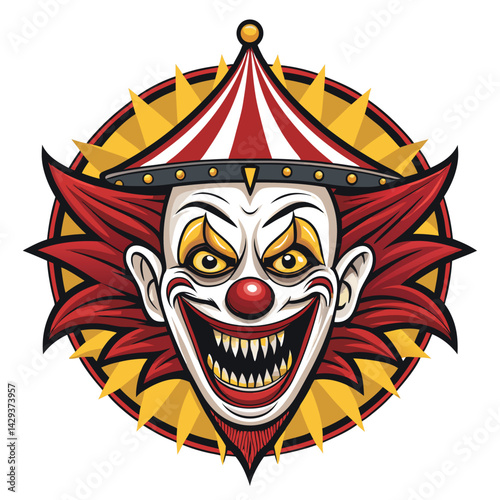 A terrifying close-up of a devil clown's head, sharp teeth bared in a sinister grin, inside a chaotic, surreal environment.