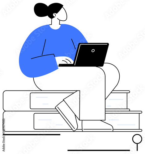 Individual using a laptop seated on piles of books, symbolizing learning, knowledge, and digital progress. Ideal for education, e-learning, research, self-study, technology productivity flat simple