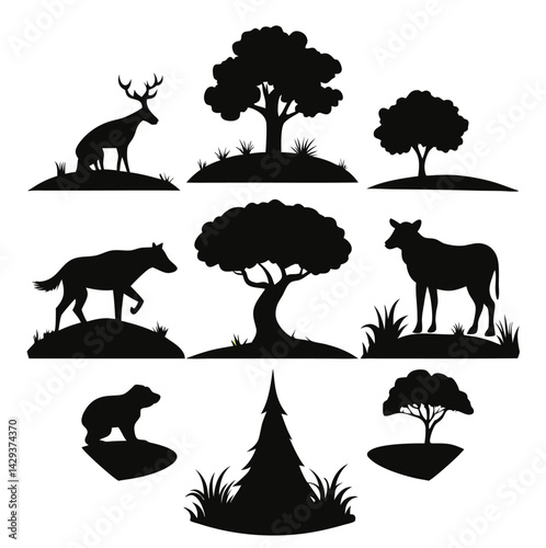 Silhouette Vector Tree Nature and Wildlife Silhouette Collection Scenic Designs Showcasing Animal Interaction in Forest and Outdoor Landscapes for Art, Sublimation, and Crafting