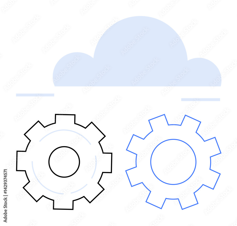 Simplistic cloud icon above two outlined gears symbolizing collaboration, automation, and data processing. Ideal for technology, IT systems, cloud computing, innovation, teamwork, networking simple Simplistic cloud icon above two outlined gears symbolizing collaboration, automation, and data processing. Ideal for technology, IT systems, cloud computing, innovation, teamwork, networking simple