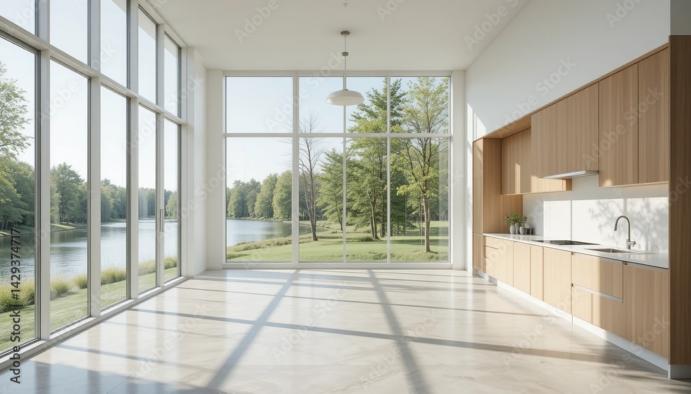 Fototapeta premium Bright, modern kitchen with large windows overlooking a scenic lakeside view, minimalist cabinets and white countertops. Airy and inviting.