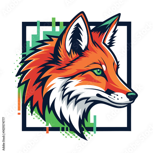 Generate a digital painting of a fox head, rendered in a pixel art style with vibrant glitch effects internally, showcasing a retro-futuristic aesthetic.