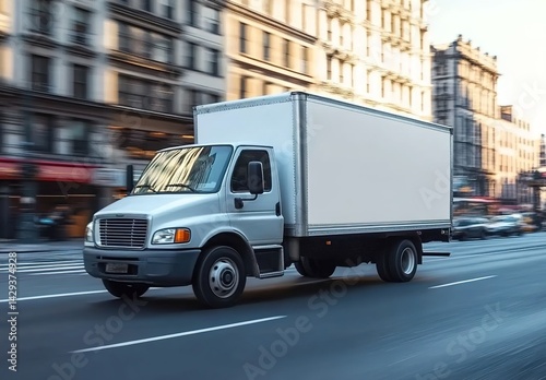 A white box-shaped truck driving forward on a bustling city street, buildings and blurred road in the background, captured in daylight with motion effects highlighting urban logistics.