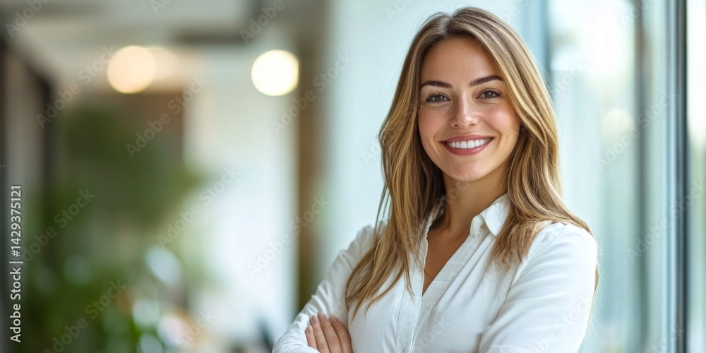 A confident woman stands smiling with crossed arms in a bright office setting. Her long hair frames her face perfectly