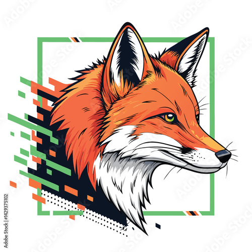 Generate a digital painting of a fox head, rendered in a pixel art style, with vibrant glitch effects visibly distorting the pixels internally.