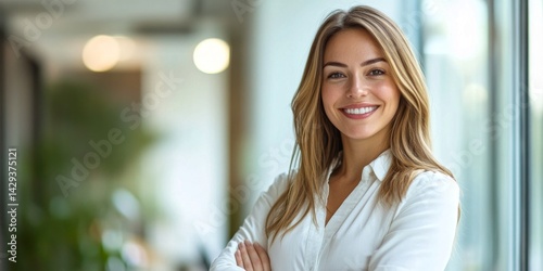 Obraz na płótnie A confident woman stands smiling with crossed arms in a bright office setting. Her long hair frames her face perfectly w salonie