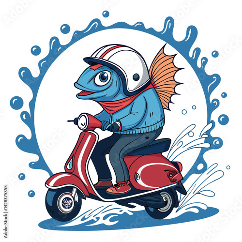 A cartoon fish wearing a helmet rides a scooter, creating a splash; vibrant, playful style.