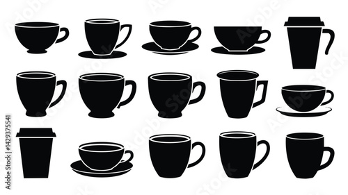 Simple silhouette illustrations of various coffee and tea cups, mugs, and disposable cups