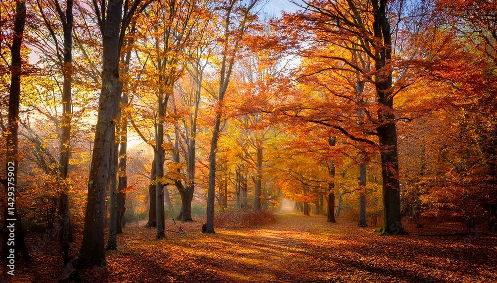 Fototapeta premium autumn trees in a picturesque forest around a footpath with their orange leaves falling down with the breeze