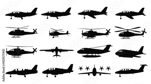 This image showcases a variety of aircraft silhouettes, including planes and helicopters