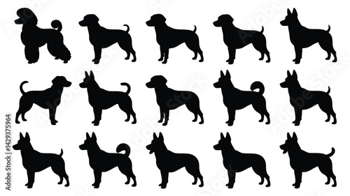 This image showcases a collection of dog breed silhouettes, presented in profile view against a plain white background