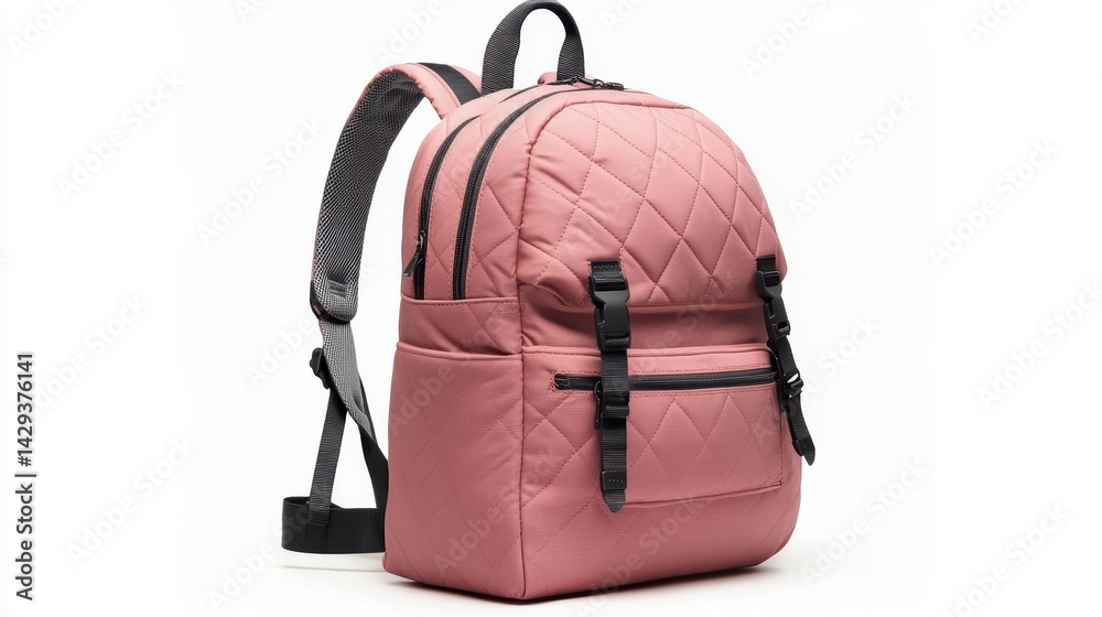 Naklejka premium Urban-inspired pink backpack with geometric graphic detailing, padded shoulder straps, and large main compartment, isolate on white background