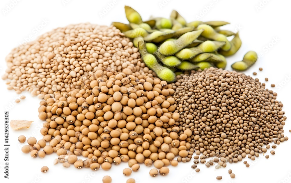 Fototapeta premium Various Types of Beans and Soybeans on White Background