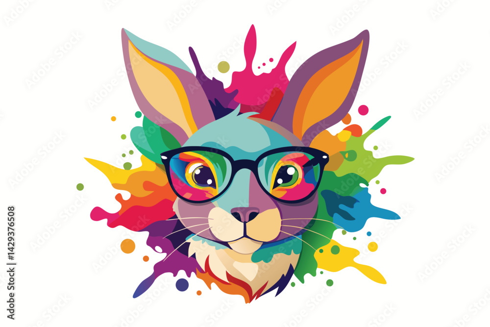 Naklejka premium Colorful artistic rabbit in eyeglasses with colorful paint splatters on white background.