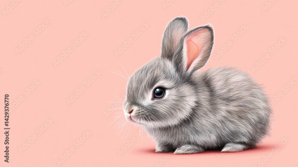Sweet baby rabbit with soft gray fur, placed on a pastel coral plain background Sweet baby rabbit with soft gray fur, placed on a pastel coral plain background