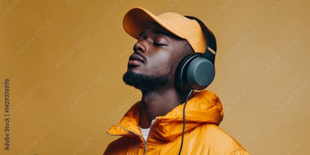 A young man in a vibrant orange jacket and matching cap enjoys music through his headphones. This image captures a youthful, energetic vibe. Perfect for lifestyle or music themes. AI