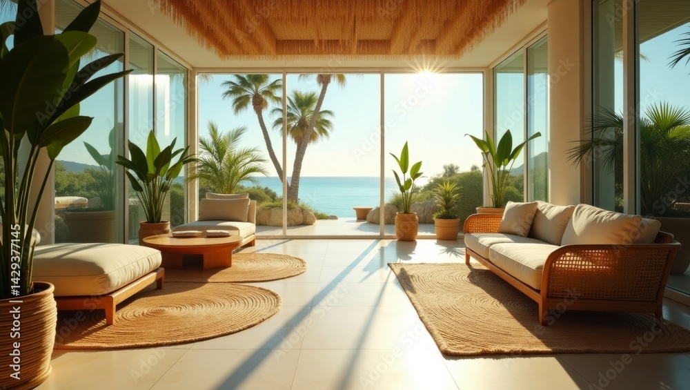 Fototapeta premium Cozy living room featuring a stunning view of the landscape through a large window with vibrant colors and decor