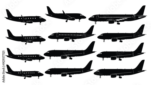 A diverse set of airplane silhouettes in various sizes and styles