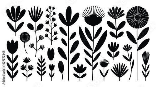A set of stylized, black silhouette flowers and plants, perfect for various design projects