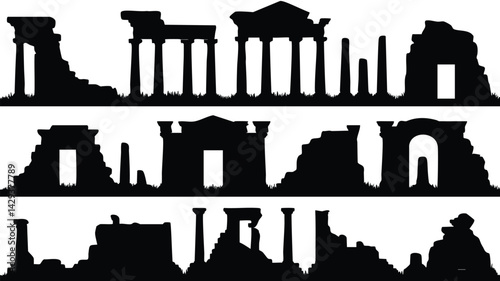 This image features three horizontal rows of black silhouette illustrations of ancient ruins, likely temples or structures