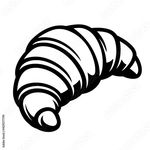 Vector illustration of a croissant with its characteristic crescent shape and layers in black and white. Represents food, breakfast, and pastry.