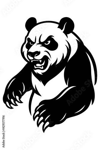 Vector illustration of an angry or fierce panda bear with bared teeth and claws in black and white. Represents power, aggression, or intensity.