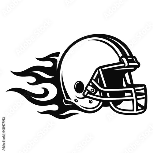 Vector illustration of an American football helmet with stylized flames in black and white. Represents sport, speed, and intensity.