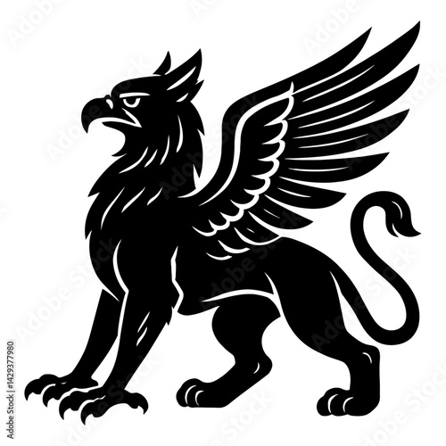 Vector illustration of a griffin, a mythical creature with an eagle's head and wings and a lion's body, in black and white. Represents mythology, fantasy, and heraldry.