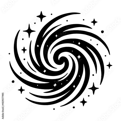 Vector illustration of a spiral galaxy with swirling arms and stars in black and white. Represents astronomy, space, and the universe.
