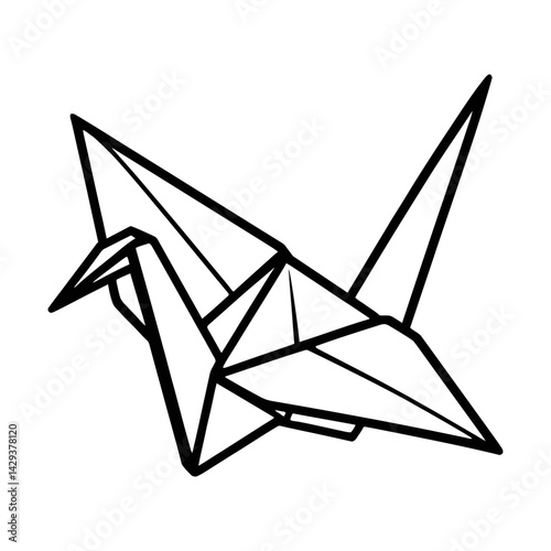Vector line illustration of an origami crane in black and white. Represents peace, hope, and Japanese culture.