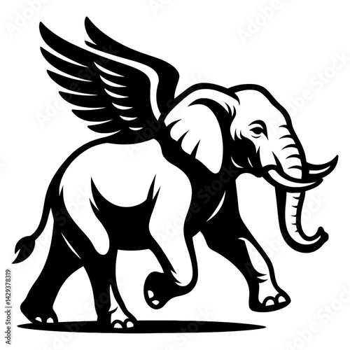 Vector illustration of a flying elephant with large feathered wings in black and white. Represents fantasy, imagination, and surreal creatures.