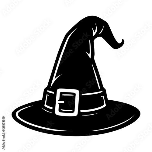 Vector illustration of a classic witch's hat with a buckle in black and white. Represents Halloween, magic, and witchcraft.