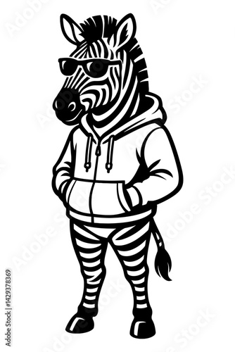 Vector illustration of a zebra wearing sunglasses and a hoodie with hands in pockets in black and white. Represents cool, stylish, and anthropomorphic animal art.