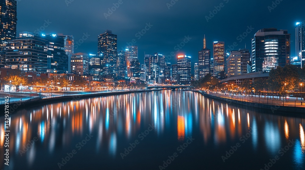 Fototapeta premium Captivating urban panorama showcasing shimmering reflections on the river at dusk