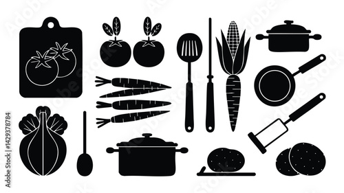 A collection of black silhouette icons depicting various kitchen utensils and food items, including vegetables (tomatoes, carrots, corn, onion), cooking pots, pans, a slotted spoon, and a potato