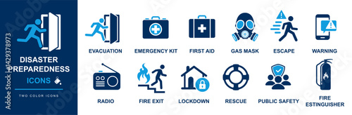 disaster and crisis preparation and management icon set including evacuation, emergency kit, rescue, public safety, fire exit, lock down etc.