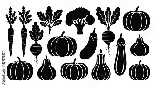 This image features a collection of black silhouette illustrations of various vegetables and fruits, including carrots, beets, pumpkins, gourds, eggplants, and broccoli