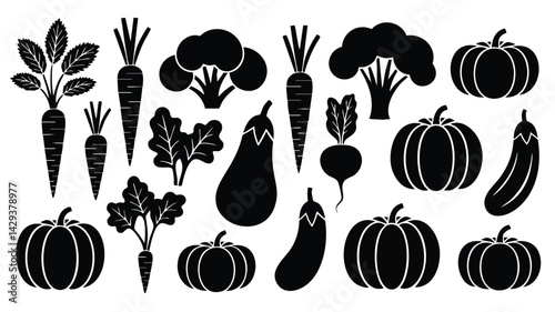 A collection of black silhouette illustrations of various vegetables and fruits, including carrots, pumpkins, broccoli, eggplant, radishes, and zucchini
