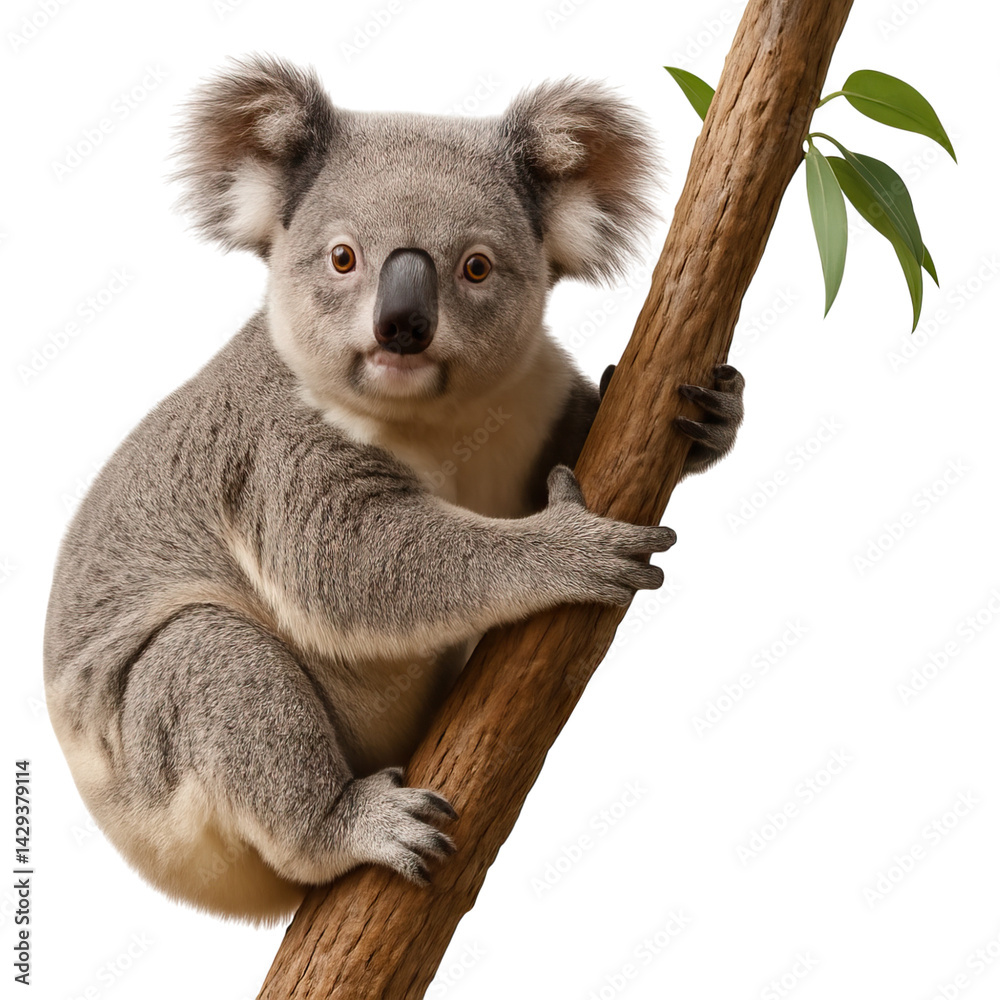 Naklejka premium Adorable Koala Bear Climbing a Tree Branch in its Natural Habitat