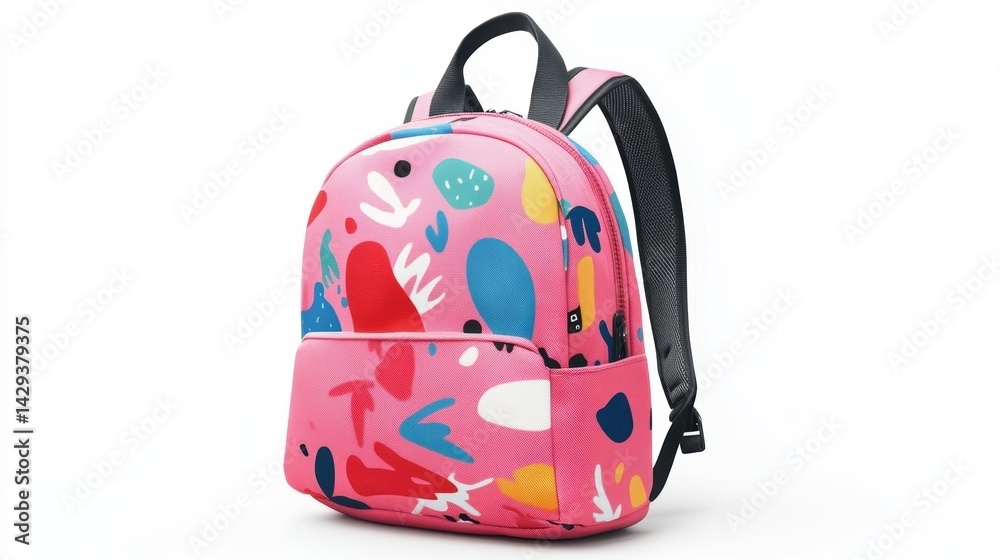 Graphic pink backpack with colorful abstract patterns, ergonomic shoulder straps, and durable material, isolate on white background Graphic pink backpack with colorful abstract patterns, ergonomic shoulder straps, and durable material, isolate on white background