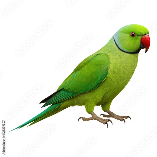 Vibrant green rose ringed parakeet bird posing against transparent background