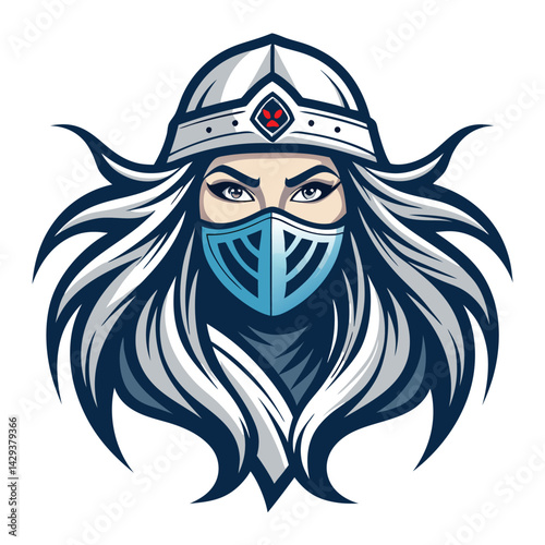 Create a detailed illustration of a spectral female warrior's head, showcasing flowing, ethereal long hair and a menacing mask.  Emphasis on detailed textures and ghostly luminescence.