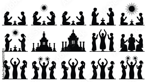 This image showcases a collection of black silhouette illustrations depicting various religious or cultural ceremonies and celebrations