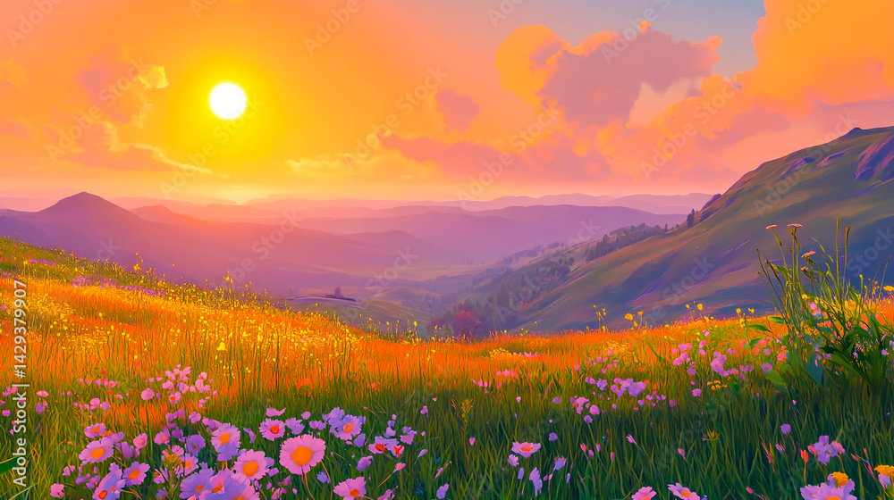 Obraz premium sunset view over lush rolling hills and grassland