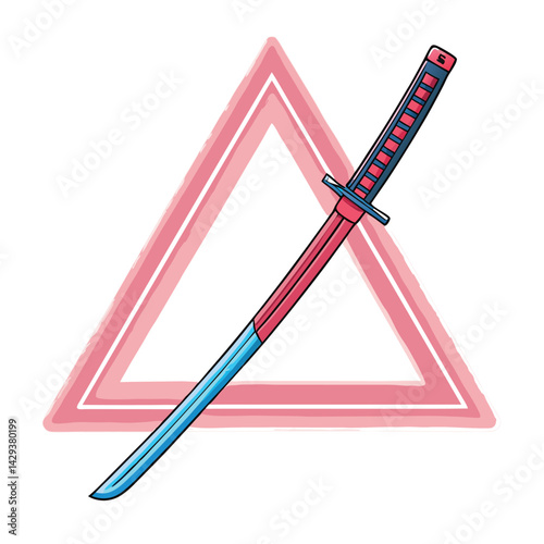 Generate a hyperrealistic image of a neon-glowing katana levitating within a vibrant, glowing triangular frame.  Emphasis on sharp details and vibrant colors.