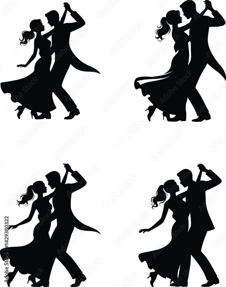 Obraz premium Elegant Dancing Couple Silhouette Vector Set – Man and Woman in Flowing Dance Pose on White Background