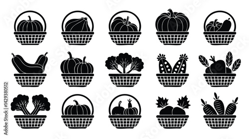 This image features a collection of simple, black and white silhouettes of various vegetables and fruits (pumpkins, gourds, broccoli, carrots, beets, peas) in wicker baskets