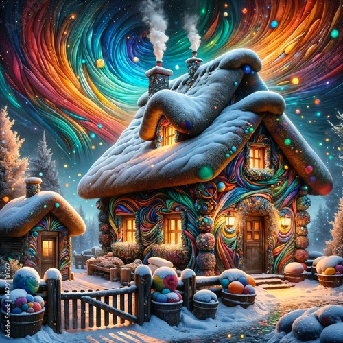 A whimsical, snow-covered cottage is nestled in a vibrant, swirling sky filled with colorful, cosmic patterns. Bright lights and vivid details give it an enchanting, fairy-tale quality.  (Gen, A.I.)