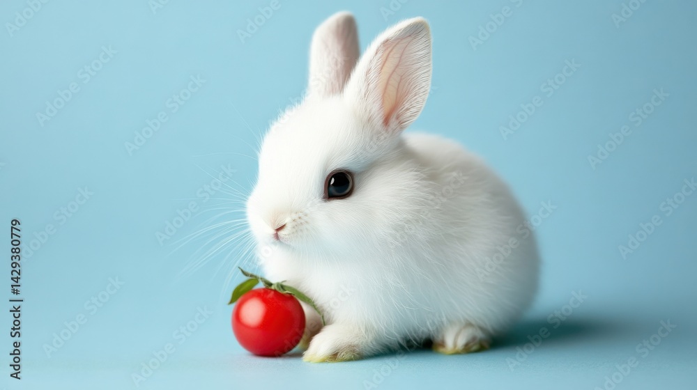 Fototapeta premium Sweet white rabbit with bright eyes and small paws, against a light blue background 
